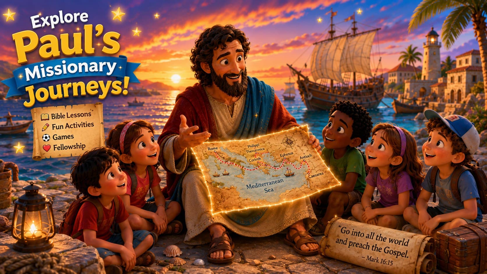 Illustration of the Apostle Paul showing a glowing map of the Mediterranean to a group of children at a harbour at sunset, with a ship in the background.